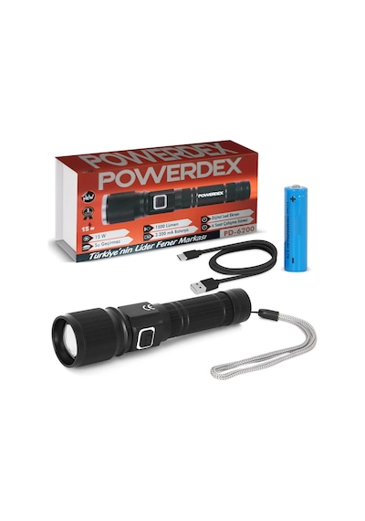 Powerdex Pd-6200 El Feneri Şarjlı 15w 1500 Lümen Su Geçirmez Siyah