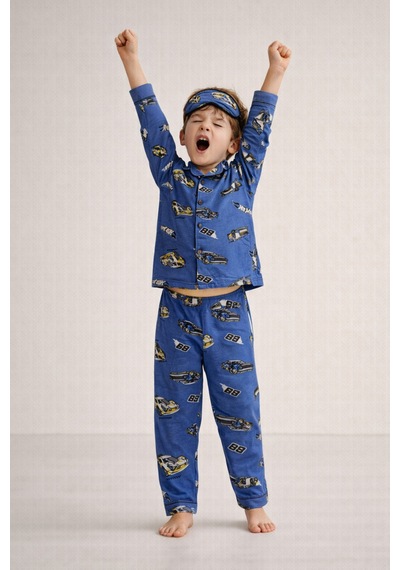 Beka Kids Desenli Uzun Kollu Önden Düğmeli Gömlek Yaka Erkek Çocuk Pijama Takımı Ve Göz Bandı Mavi