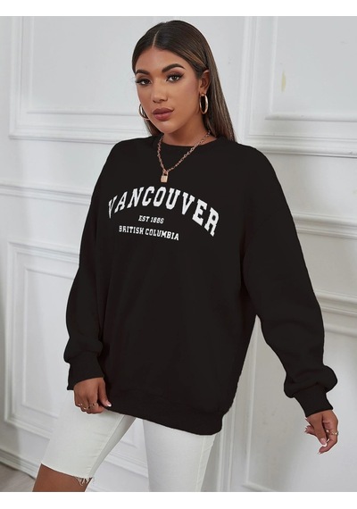 Oversize Vancover Baskılı Bisiklet Yaka Sweatshirt Siyah