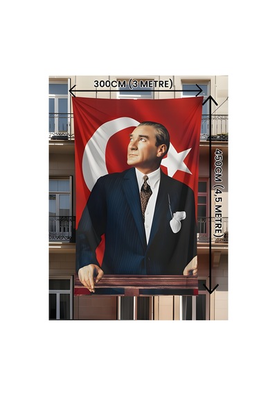 300x450 Cm Atatürk Baskılı Türk Bayrağı Raşel Kumaş, Çift Dikiş, Solmaz Renk 300 x 450 CM