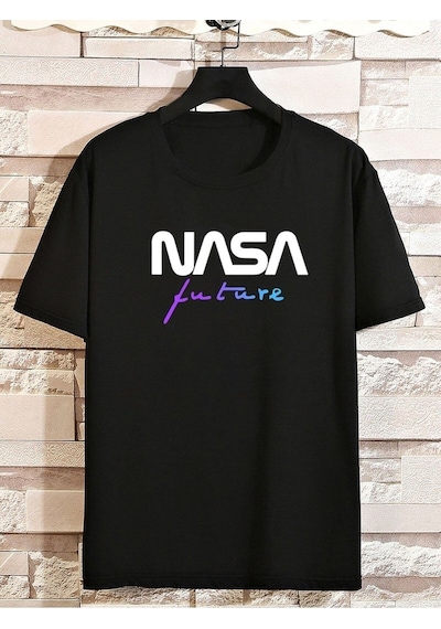 Flood Of Style Erkek Siyah Nasa Future Baskılı Oversze Bisisklet Yaka Tişört