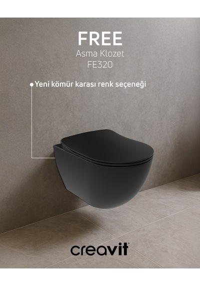 Creavit Free Kömür Karası Asma Klozet Ve Kapak Set Beyaz