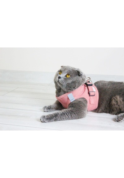 Kedi Gezdirme Tasması - Kedi Tasması Göğüs Tasma Seti Yumuşak Süet Pembe Renk