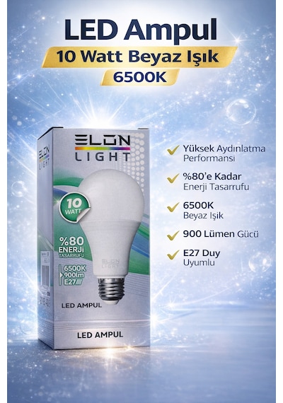 Led Ampul 10 Watt Beyaz Işık 6500k Yüksek Aydınlatma E27 Duy Enerji Tasarruflu
