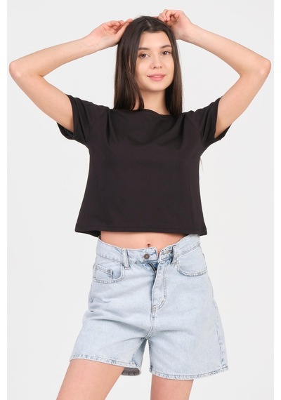 As Collection Siyah Bisiklet Yaka Kısa Kol Örme Kadın Crop 001
