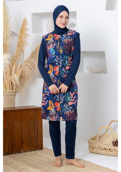 Rozamay 263303 Seneca Jileli Lycra Uzun Kollu Lacivert Dijital Desen Tesettür Mayo
