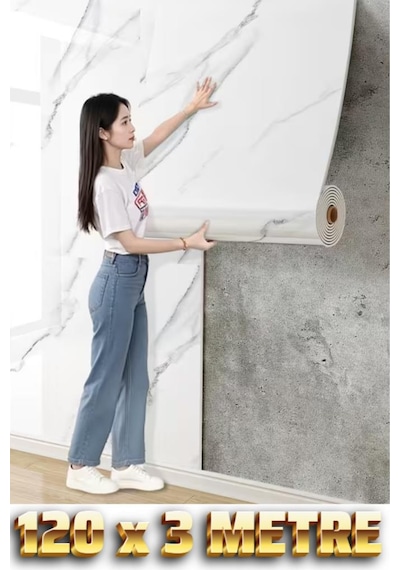 120cm X 3 Metre Rulo Premium Beyaz Mermer Desenli Yapışkanlı Duvar Paneli Kağıdı Ev Ofis Basıc Beyaz