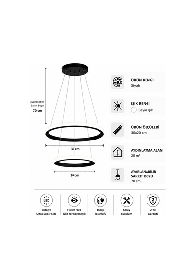 Rizon 2 Li Led Sarkıt Avize Beyaz Işık Siyah