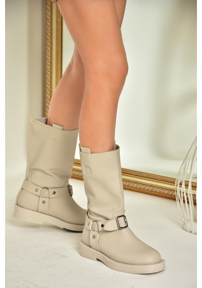 Fox Shoes T973530309 Bej Alçak Topuklu Kadın Bot Bej
