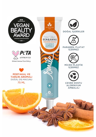 Ben & Anna White + Cinnamon Orange Doğal Diş Macunu Seti 75 Ml X 2 Vegan, Florürlü, Paraben İçermez Çürük Önleyici