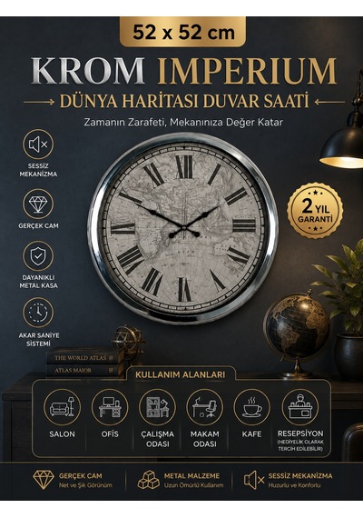 Krom Imperium 52 Cm Metal Dünya Haritası Duvar Saati