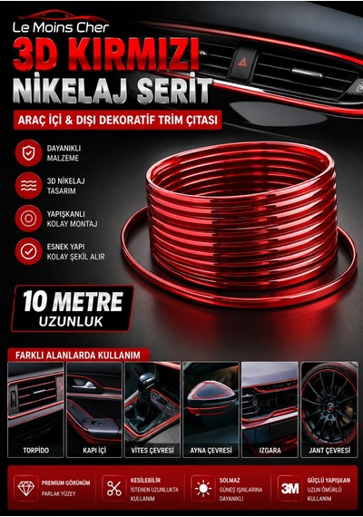 3d Kırmızı Nikelaj Şerit 10 Metre Torpido Trim Çıtası