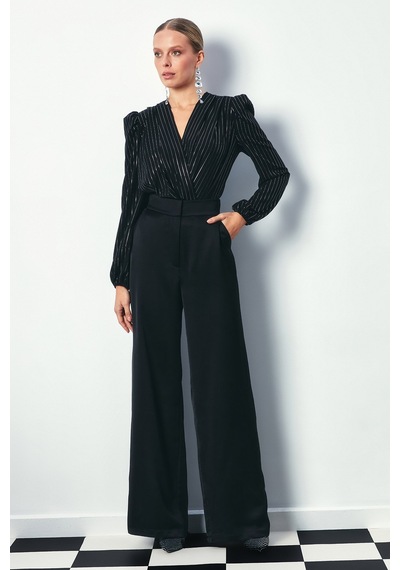 Sateen Parlak Çizgili Bodysuit Bluz - Siyah