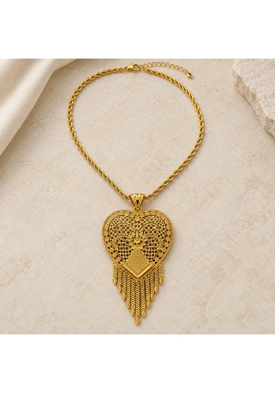 Gold Renk Kalp İçinde Çiçek Motifli Püsküllü Uzun Kadın Kolye 60+5 Cm Renkli