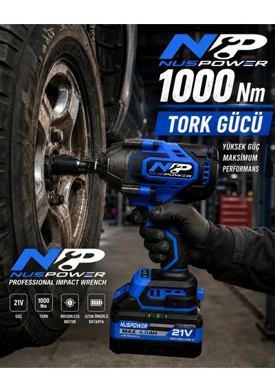 Nuspower Şarjlı Somun Sıkma Makinesi 1000 Nm Kömürsüz Motor Çift Akülü Profesyonel Mavi