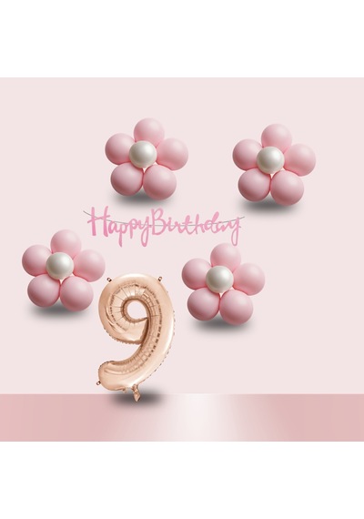 9 Yaş Pembe Papatya Temalı Rosegold Rakam Pembe Happy Birthday Banner Doğum Günü Süsleme