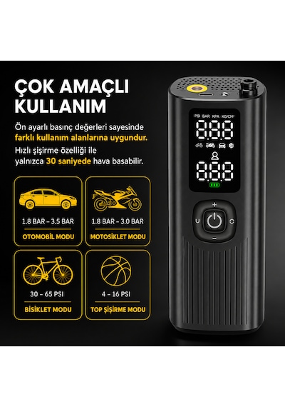 Kablosuz Akıllı Hava Pompası 120 Psı Dijital Göstergeli Type-c Şarjlı Lastik Şişirme Kompresörü Otomatik Basınç Ayarlı Led Işıklı