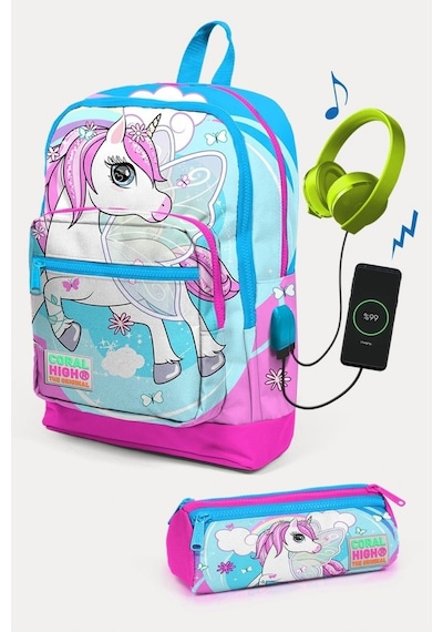 Coral High Kids Mavi Neon Pembe Unicorn Desenli Usb'li 2'li Okul Çanta Seti - Kız Çocuk