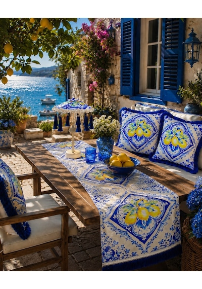 Missidea Azure Bohem Dekoratif Ledli Bali Şemsiyesi Seti Led'li Şemsiye + 2 Adet Kırlent + Runner Mavi