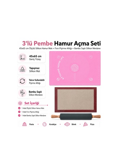 3 Lü Pembe Hamur Açma Seti 45x65 Cm Ölçülü Silikon Hamur Matı, Fırın Pişirme Altlığı Ve Bambu Saplı Silikon Merdane Diğer 3 Lü Pembe Hamur Açma Seti 45x65 Cm Ölçülü Silikon Hamur Matı, Fırın Pişirme Altlığı Ve Bambu Saplı Silikon Merdane Diğer