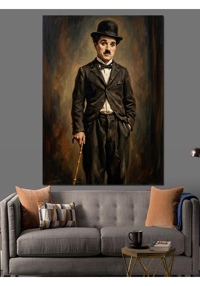 Bastonlu Şık Charlie Chaplin Tablosu Dekoratif Kanvas - Mdf Ahşap Tablo