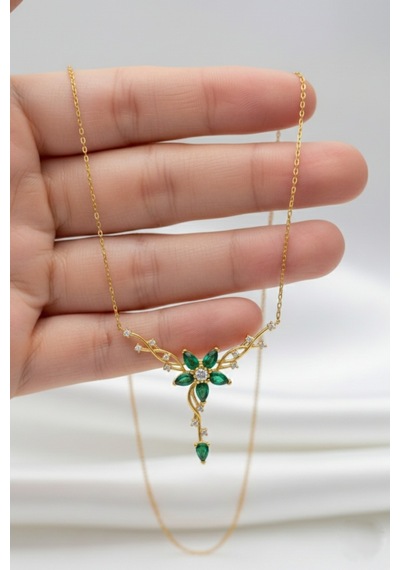 Çekirdekjewelry 925 Ayar Gümüş Zümrüt Taşlı Sarmaşık Kolye Gold