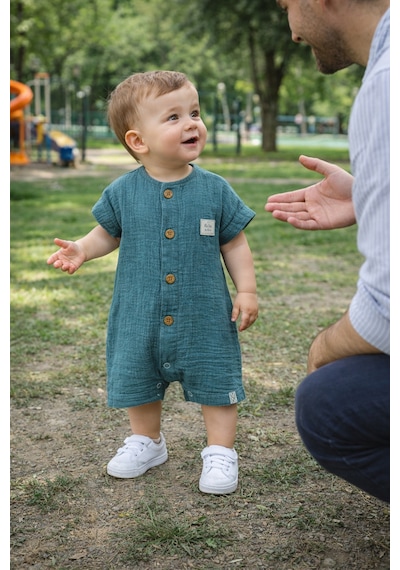 Babyhola Kız Erkek Bebek Kısa Kollu Çıtçıtlı Tulum Pamuk Müslin 22404 İndigo
