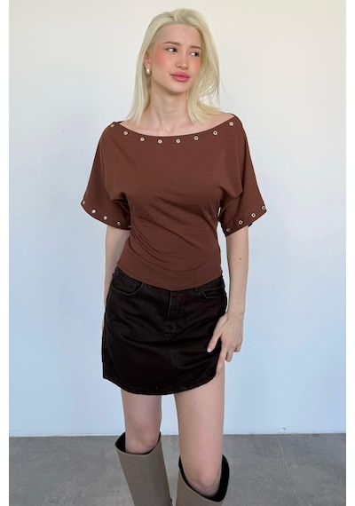 Madmext Kahverengi Off Shoulder Metal Detaylı Kadın Bluz Mg2671 Kahverengi