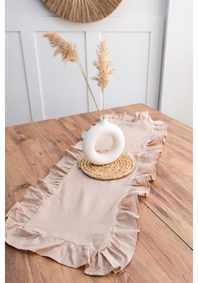 Naturel Kahve Fırfırlı Keten Runner - 40x110 Cm Kahverengi