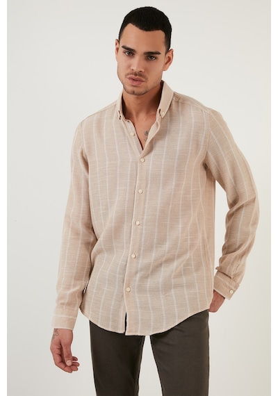 Buratti Pamuklu Çizgili Regular Fit Düğmeli Yaka Erkek Gömlek Cf21S112480 Taş-Beyaz