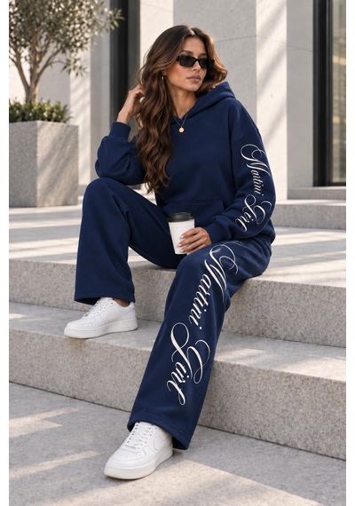 Macklin Unisex Kadın Erkek Martini Girl Kol Paça Baskılı Oversize 3 İplik Kapüşonlu Sweatshirt Ve Baggy Eşofman Altı Lacivert