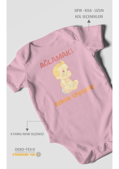 Ağlamak Benim Sporum Baskılı Bebek Zıbını Çıtçıtlı Body %100 Pamuk Kısa Kol Koyu Pembe