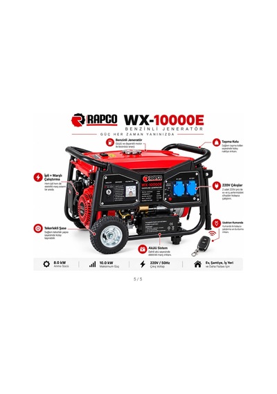 Algaride Rapc Wx-10000e Benzinli Jeneratör 10 Kw Maksimum Güç 420cc Marşlı İpli Akülü Uzaktan Kumandalı 220v 8 Kw Anma Gücü