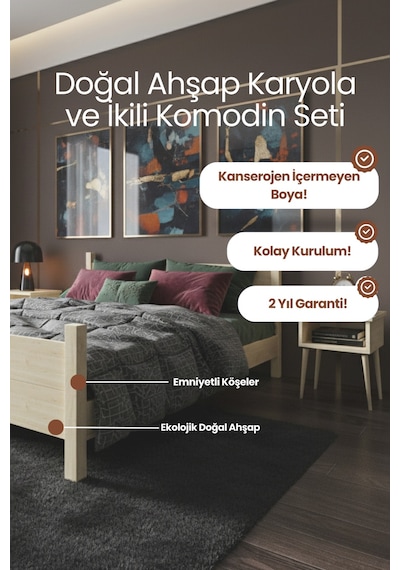 Renazzo Melodi Masif Ahşap Karyola Ve 2 Adet Komodin Natürel 140x200 Natürel - 140 X 200