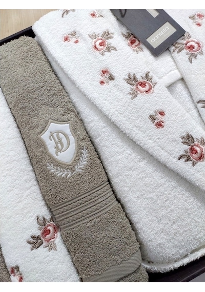 Dantela Premium Soft Nakışlı Aile Bornoz Seti-Gülce Krem Bej Krem - Bej