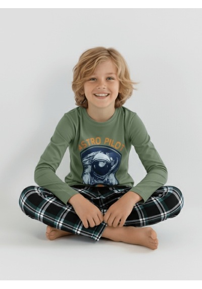 Vitmo Erkek Çocuk Uzun Kollu %100 Pamuklu Pijama Takımı Astro Pilot Yeşil