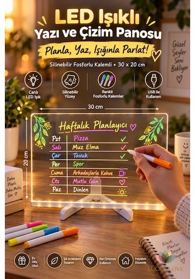Led Işıklı Silinebilir Yazı Ve Çizim Panosu 30x20 Cm Fosforlu Kalemli Usb'li Katlanabilir Ayaklı Şeffaf