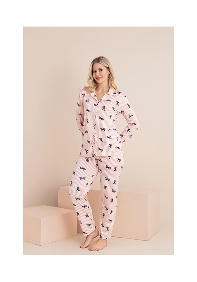 Rindahomewear Kadın Cizgili Fiyonk Desenli Milan Örme Uzun Kol Kadın Düğmeli Pijama Takımı Somon