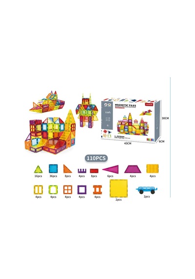 110 Parça Manyetik Blok Seti - 7.5 Cm Standart Seri Renkli Magnet Mıknatıslı Yapı Blokları, 3+ Yaş E