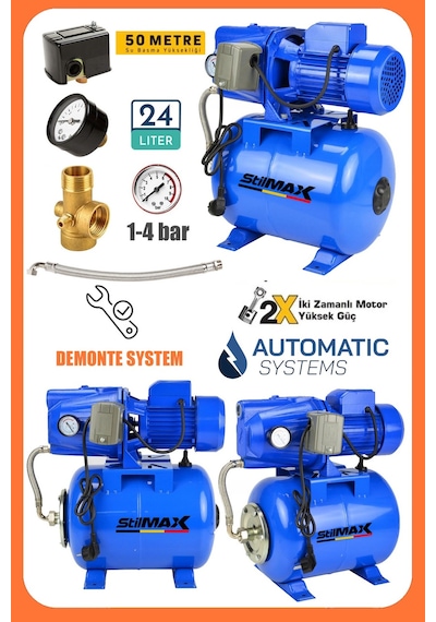 Stilmax St25lt15 1.5 Hp Bakır Sargı Jet150 Su Pompası + 24lt Küre Tank Otomatik Hidrofor Su Pompası