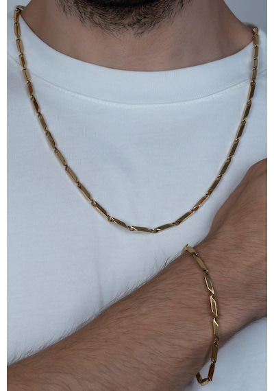 Gold Kaplama Bambu Küp Unisex Çelik Kolye Ve Bileklik Seti Eck05S Altın