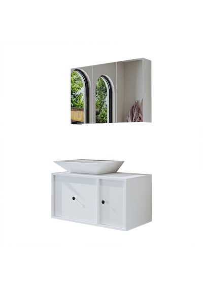 Çanak Lavabolu Mat Mdf 90 Cm Banyo Dolabı + Aynalı Dolap Beyaz Mat Beyaz