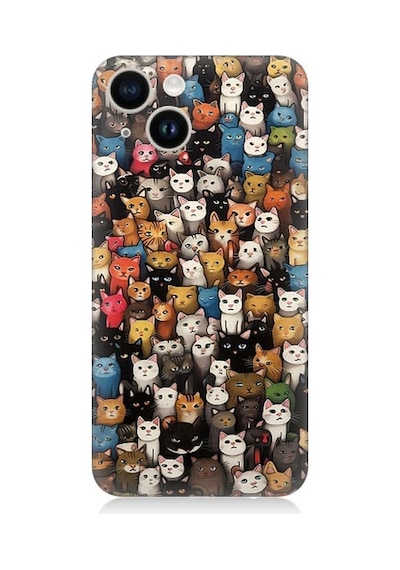 Apple Uyumlu iPhone 13 Mini Sevimli Komik Kedi Suratları Desenli Silikon Kılıf