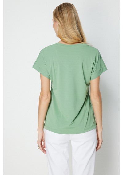 On Kadın V Yaka Parçalı T-shirt 71475 Haki