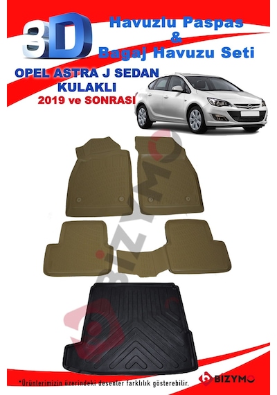 Opel Astra J Sedan Kulaklı 2019+ Bej Havuzlu Paspas ve Bagaj Seti Bej