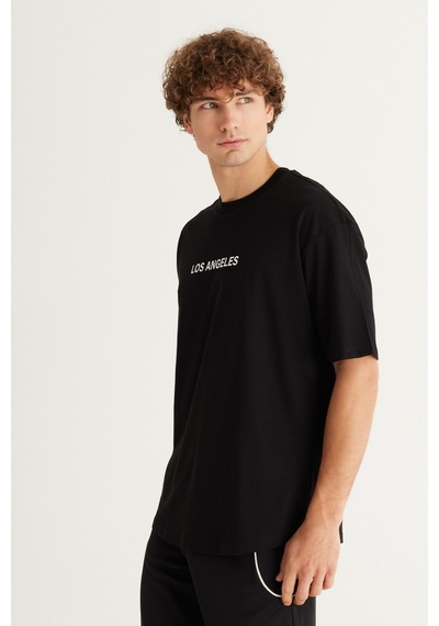 Ac&Co / Altınyıldız Classics Erkek Sıyah Long Fit Bisiklet Yaka Baskılı Kısa Kollu Tişört Siyah