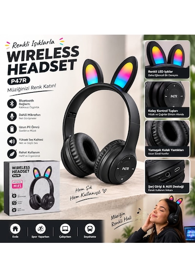 P47r Işıklı Kafa Üstü Bluetooth Kulaklık