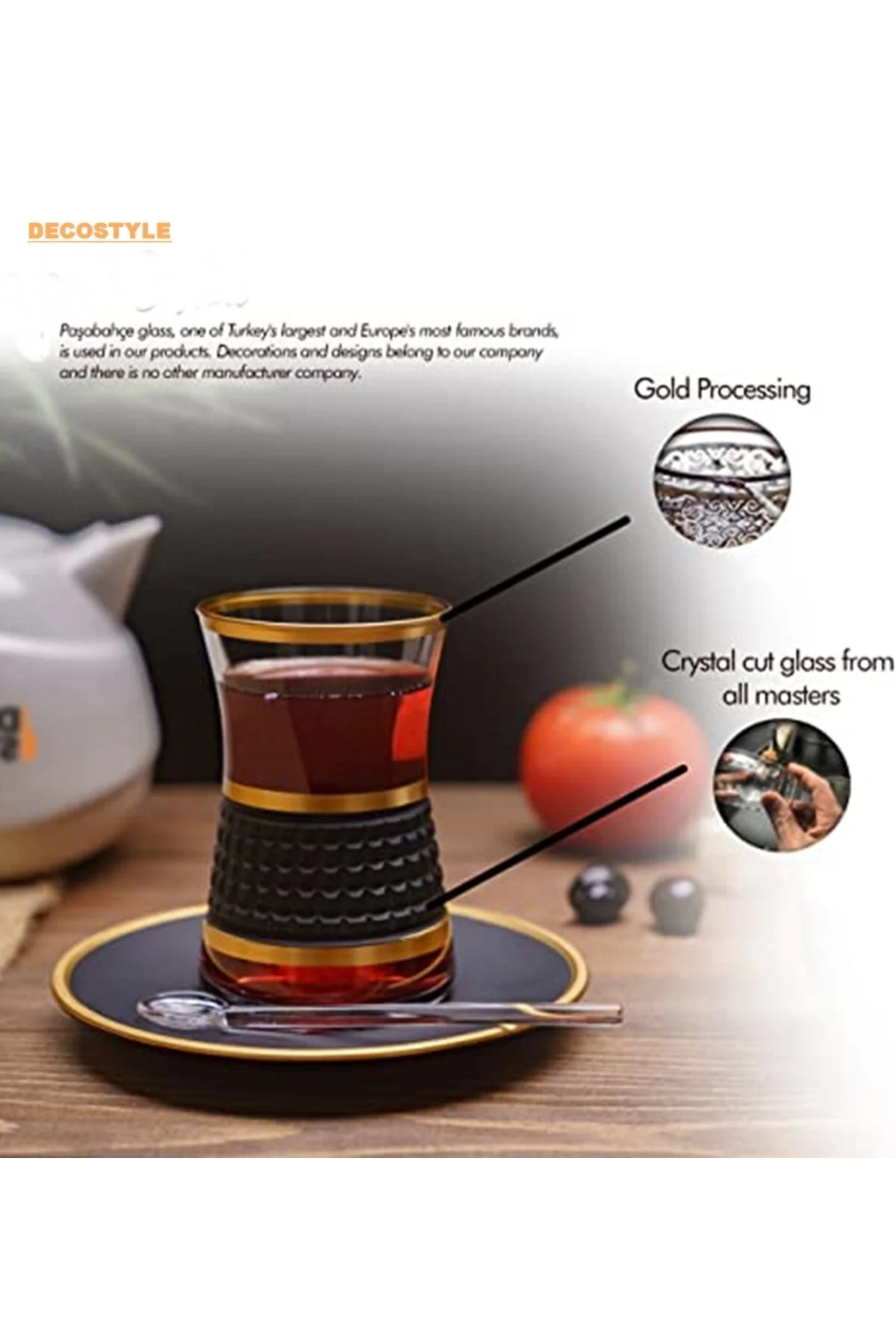 Heybeli Kare Gold 12 Parça Çay Takımı + 6 Çay Kaşığı Hedi Yeli - Lüks Çeyiz Seti Şeffaf