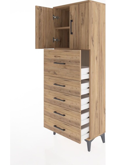 Arges Dolap 2 Raflı 5 Çekmeceli 2 Kapaklı 60x30x163 Çam-çam Çam