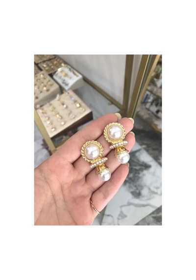 İnci Detaylı Vintage Model Küpe Altın